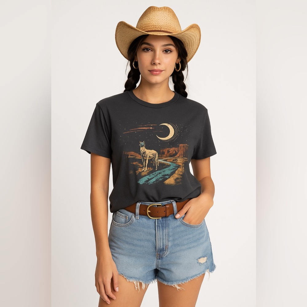 SHEIN Gray Short Sleeve Tee Graphic Cowgirl Desert Moon Tee – Size Large